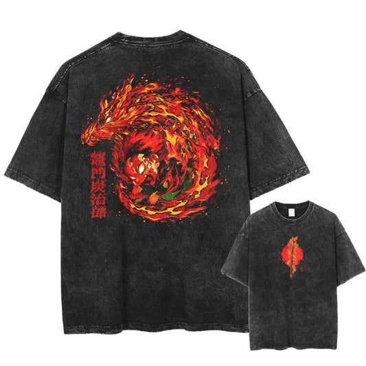 2025 Summer Men's Washes T-shirts Japanese Anime Demon Slayer Kyoujurou Graphic Clothing Harajuku Y2K Oversized Pure Cotton Tops