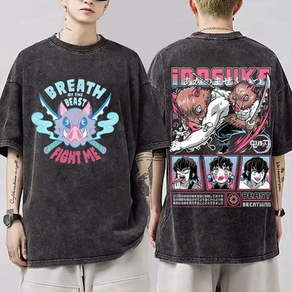 Japanese Anime Demon Slayer Inosuke Print Washed T-shirts Men's Women's Pure Clothing Harajuku Y2K Streetwear Cotton Sportswear