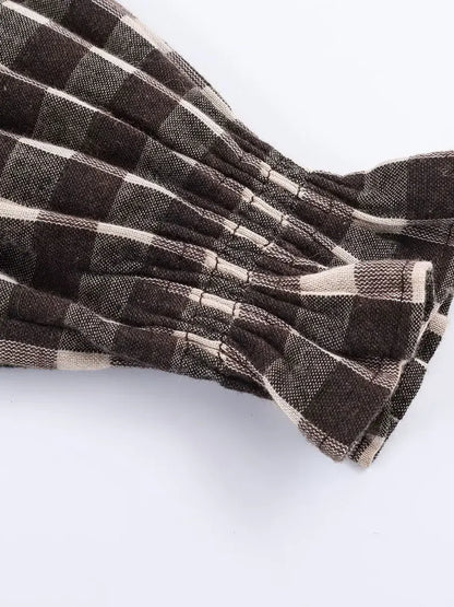 2025 Vintage Chic Brown Plaid Shirts Women Long Sleeve Blouses Fold Fashion Casual Elegant Women Tops Y2k