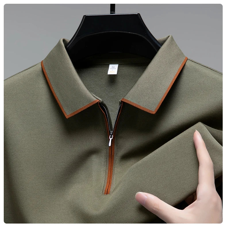Light luxury brand long sleeved men's polo shirt autumn fashion flip collar half zipper design boutique top silk casual T-shirt