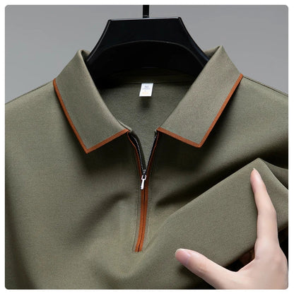 Light luxury brand long sleeved men's polo shirt autumn fashion flip collar half zipper design boutique top silk casual T-shirt