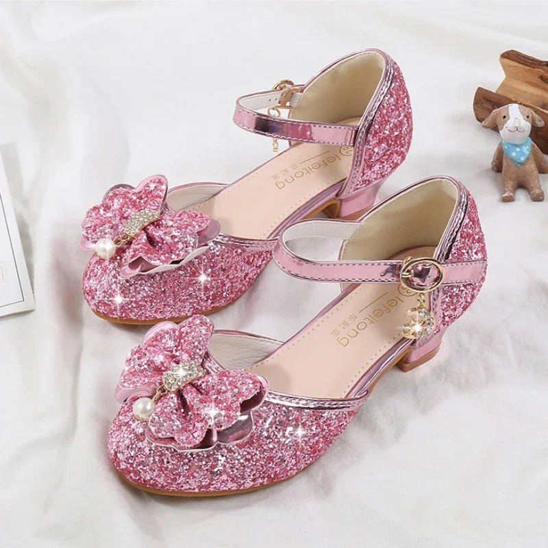 Children's Sandals for Party Wedding Elegant Bowknot Kids Girls Versatile Sequins High-heels Fashion Pearl Princess Single Shoes
