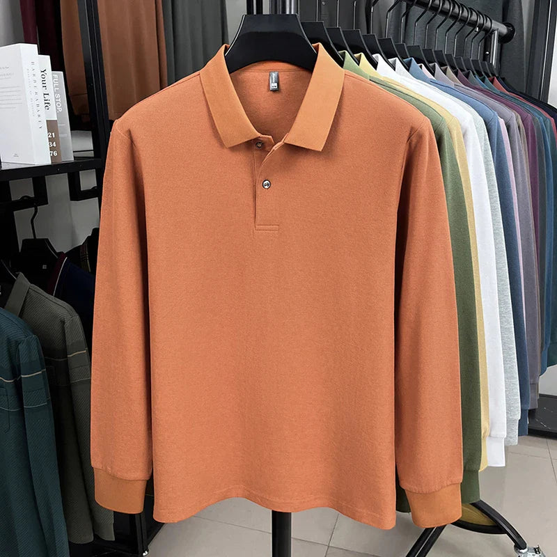 100%pure cotton autumn winter men's high-end designer fashionable long sleeved boutique button casual comfortable polo shirt top