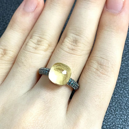 10.6mm Elegant Blue Topaz Zircon Ring Dual Tone Black Gun & Rose Gold 30 Colors Candy Crystal Jewelry Gift for Women