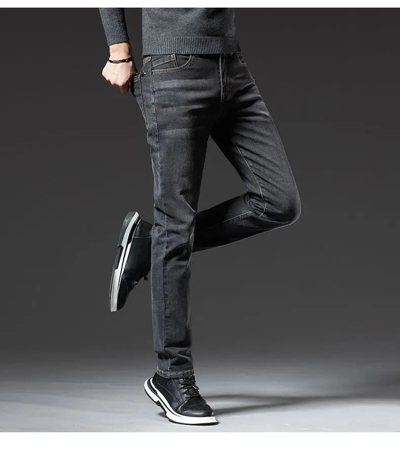 Autumn Winter High Quality Elastic Mens Jeans Cargo Slim Fit Denim Pencil Trousers Midweight Long PantsHighHigh  Jeans Man