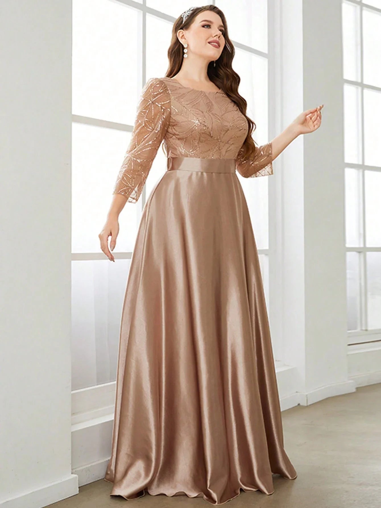 Neck long sleeve sequin patchwork satin long gown ball dress Party dress Bridesmaid dress