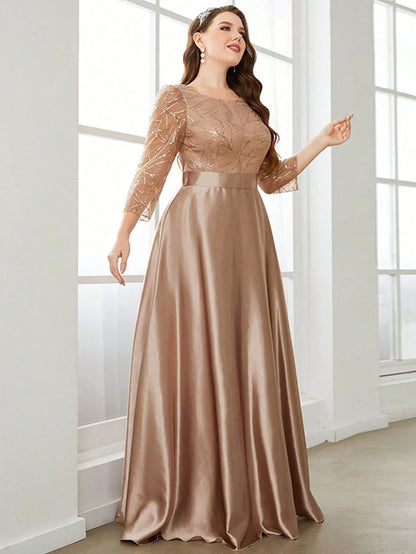Neck long sleeve sequin patchwork satin long gown ball dress Party dress Bridesmaid dress