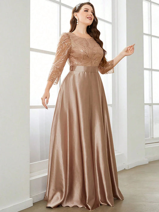 Neck long sleeve sequin patchwork satin long gown ball dress Party dress Bridesmaid dress