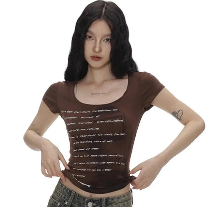 Summer Women Retro Sweet Spicy Skinny Tops Lady Bean Green Casual T-Shirts Girls Letter Portrait Print Short Sleeve Clothes