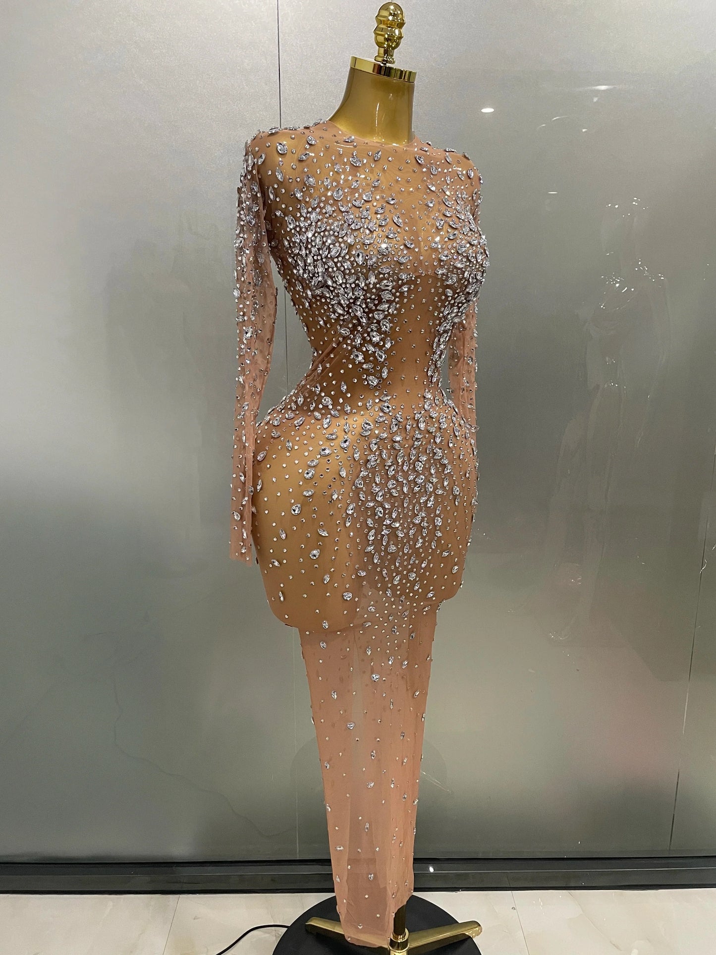 Shinny Rhinestone Stretch Mesh Transparent Long Dress 2025New Women Evening Birthday Party Prom Nightclub Singer Stage Wear