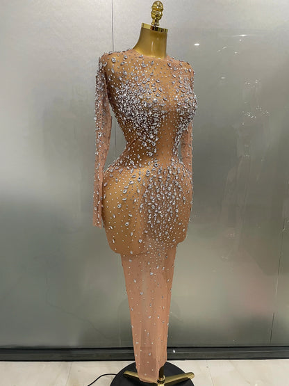 Shinny Rhinestone Stretch Mesh Transparent Long Dress 2025New Women Evening Birthday Party Prom Nightclub Singer Stage Wear
