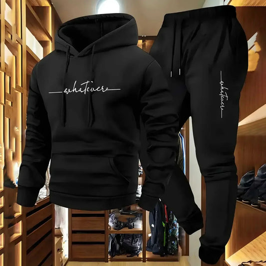 Men's Autumn and Winter Pattern Casual Two-Piece Set Hooded Sweatshirt and Pants with Pockets Regular Fit Outdoor Sport Suit