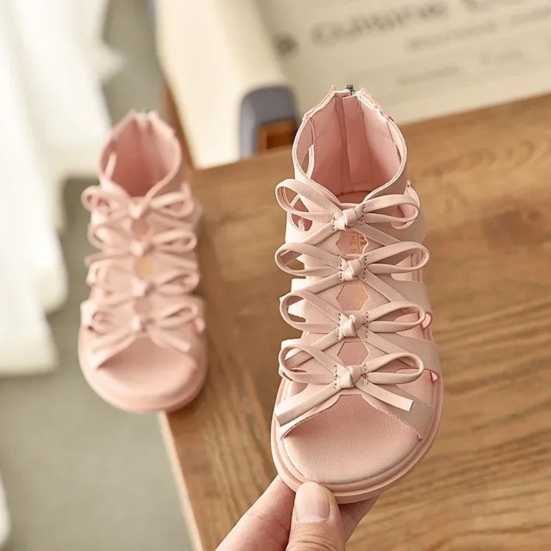 Gladiator Children Sandals for Girls 2025 Breathable Summer Girl Roman Shoes Boots Black Pink Beige Party Student Sandal I06095