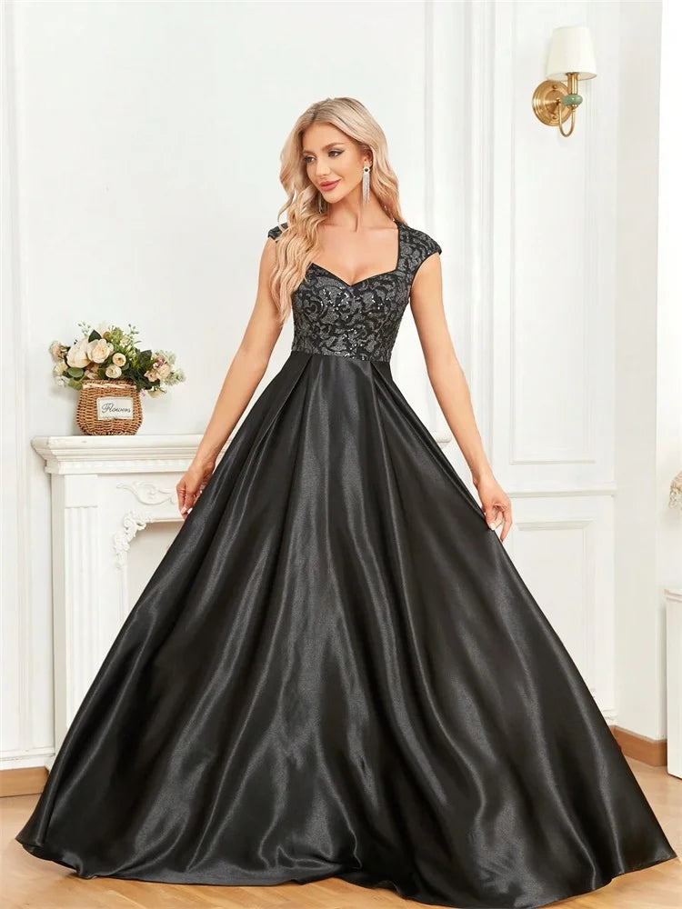 Vestido Longo Preto Elegante com Lantejoulas para Noite Feminino 2025 Luxuoso Decote U Cetim Formatura Festa Coquetel