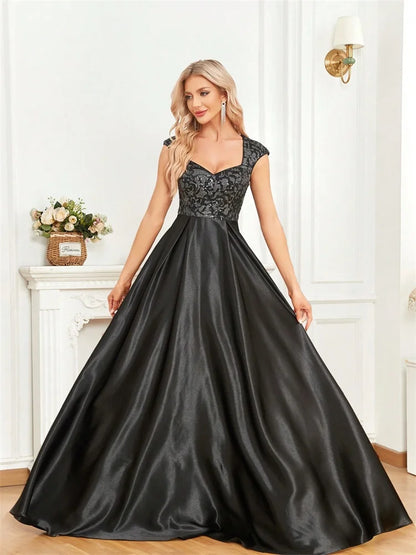 Vestido Longo Preto Elegante com Lantejoulas para Noite Feminino 2025 Luxuoso Decote U Cetim Formatura Festa Coquetel