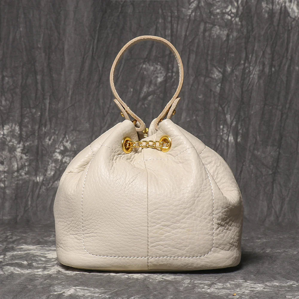 Metal Drawstring Versatile Women's Handbag Genuine Leather Chain Crossbody Bag Vintage Bucket Bag Mobile Phone Bag