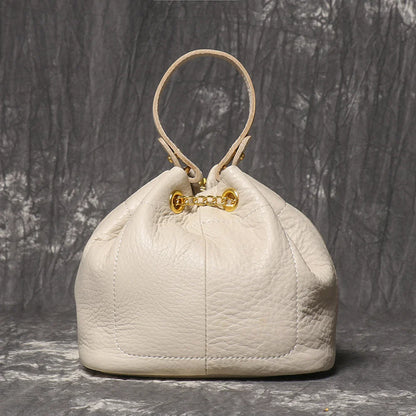 Metal Drawstring Versatile Women's Handbag Genuine Leather Chain Crossbody Bag Vintage Bucket Bag Mobile Phone Bag