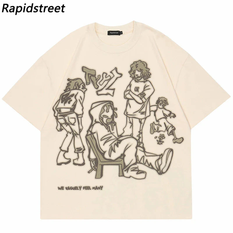 Harajuku Cartoon Girl Cat Japanese Kanji Graphic T Shirt Streetwear Men T-Shirt Summer Short Sleeve Tshirt Tops Tees Unisex