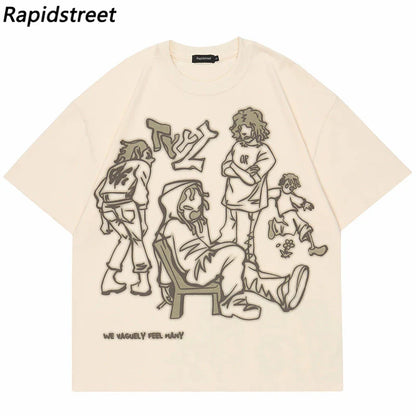 Harajuku Cartoon Girl Cat Japanese Kanji Graphic T Shirt Streetwear Men T-Shirt Summer Short Sleeve Tshirt Tops Tees Unisex