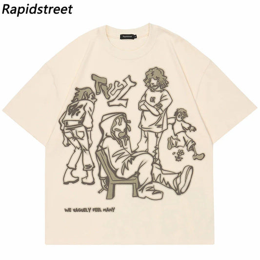 Harajuku Cartoon Girl Cat Japanese Kanji Graphic T Shirt Streetwear Men T-Shirt Summer Short Sleeve Tshirt Tops Tees Unisex
