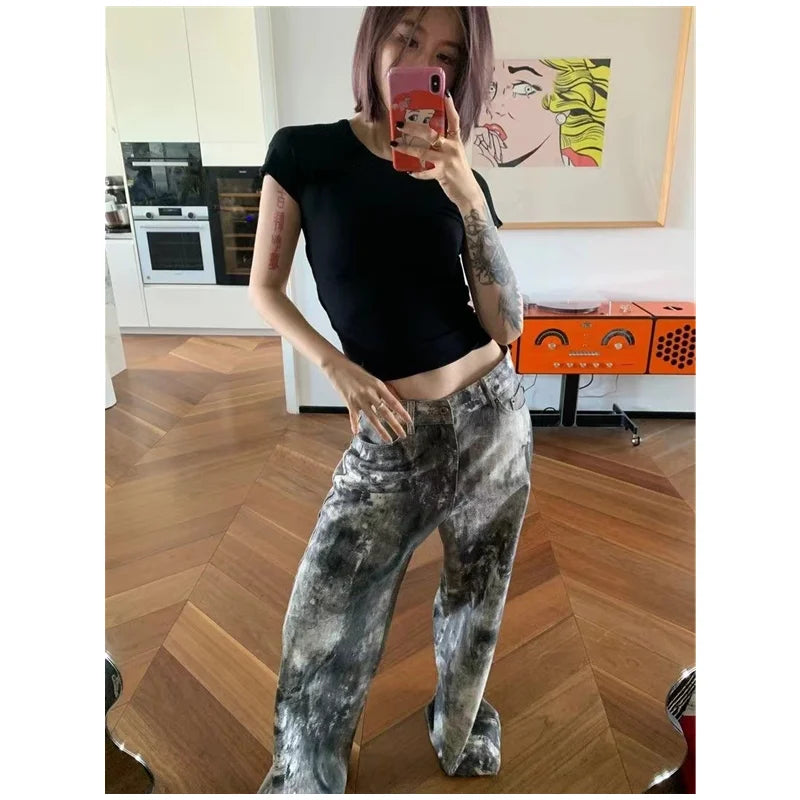 Blue Women's Jeans Hip-hop Fashion Vintage Streetwear Y2K Wide Leg Straight Jean High Waist Trouser Classic Baggy Denim Pants