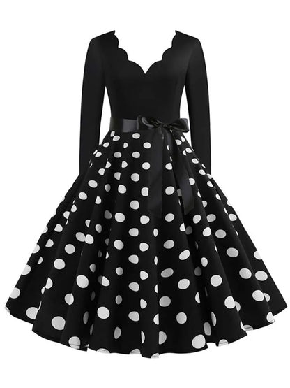 Women Vintage Long Sleeve Polka Dot Dress Spring Autumn New Year Party Dresses 3XL Black Vestidos