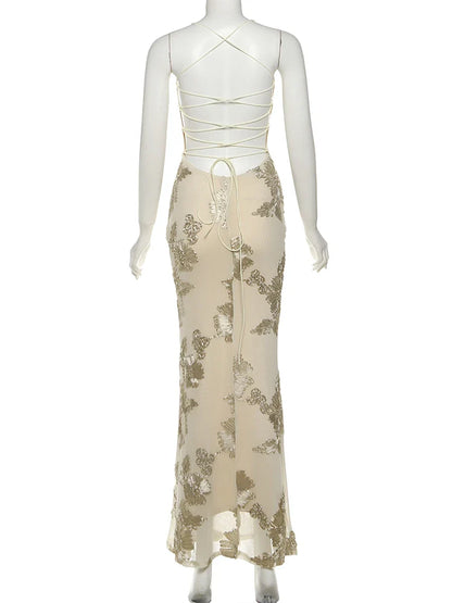 Elegant Flower Embroidery Maxi Dress Women Low-Neck Cross Bandage Backless Summer Street Trend Skinny Holiday Vestidos