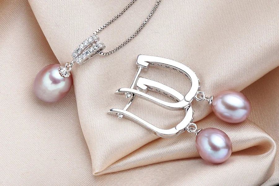 Horseshoe 8-9mm Rice Freshwater Pearl Earrings&Necklaces Jewelry Set for Women 925 Sterling Silver 45cm Pendant Necklace