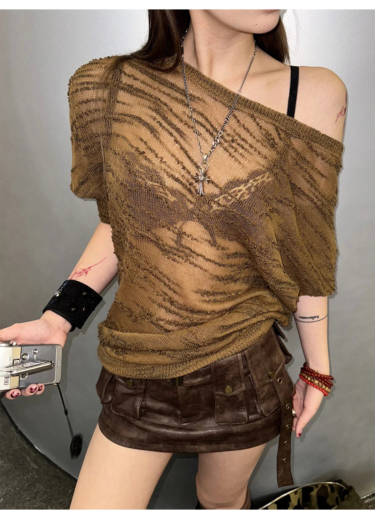 Spring Summer Cool Sexy Vintage Distressed Brown Pu Leather Mini Skirt Women Three-dimensional pockets Belt Streetwear
