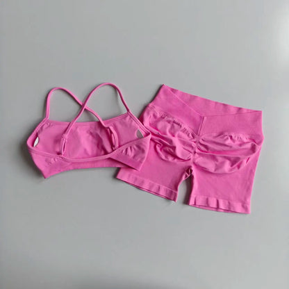 Seamless 2PCS Leggings Set Women Seamless Yoga Set High Waist Scrunch Butt Shorts With Halter Sports Bras Workout Gym Suit Set