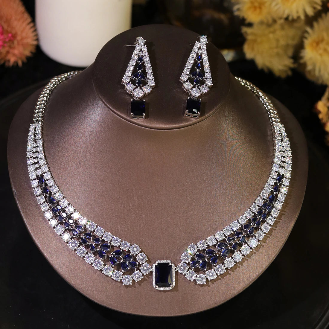 Conjuntos de joias de casamento da moda Brilhante Vermelho e branco incrustado com colar e brincos de cristal CZ 2PCS Acessórios para festa de noiva