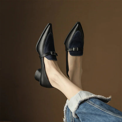 New Summer Style Fashionable Comfortable Wear-resistant Belt Buckle Thick Heel Medium Pointed Matching Women's Single Shoes