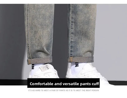 Retro American Style Men's Jeans Loose Fit Heavy Casual Slim Leg Cotton Pants Elastic Waist Korean Denim Jeans for Spring Autumn