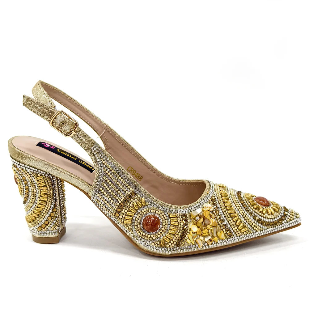 2025 Moda Mais Recente Chegada Laranja Ponta Fina Sandálias Femininas Sapatos com Bolsa Conjunto para Senhoras Festa de Casamento Salto