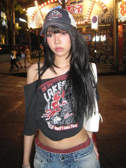 Tee Y2k Letter Print Off Shoulder Punk T-shirts Women Harajuku Summer Streetwear Grunge T Shirt Aesthetic Sexy Crop Tops