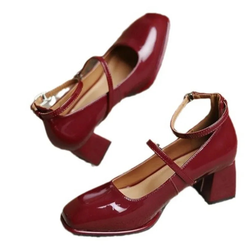 2024 New Mary Jane Shoes High Quality Leather Shoes Shallow Square Toe Womens Sandals Buckle Strap Women's Pumps