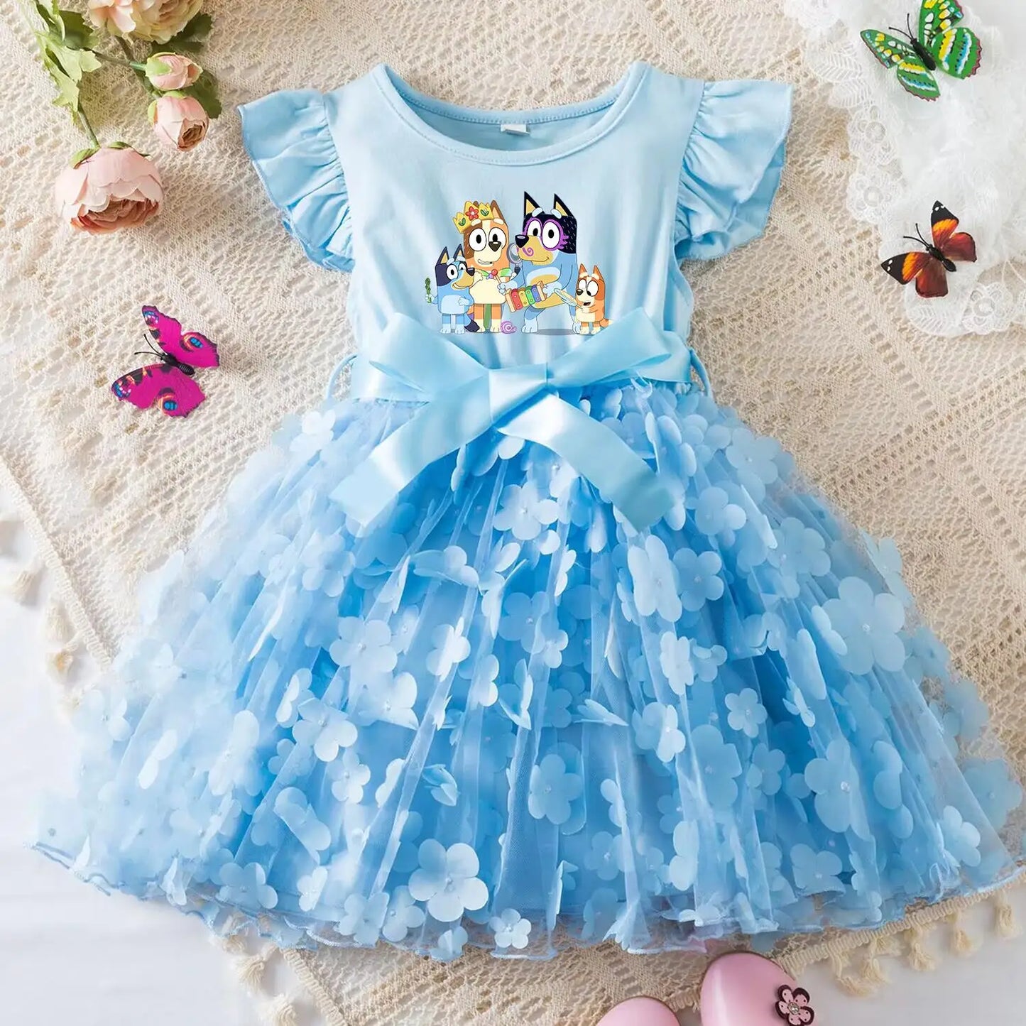 Vestido de Bebê Menina Bluey de Tule com Flores Vestido de Princesa para Casamento Tutu Sem Mangas Roupa de Festa para Fotos Presente de Aniversário