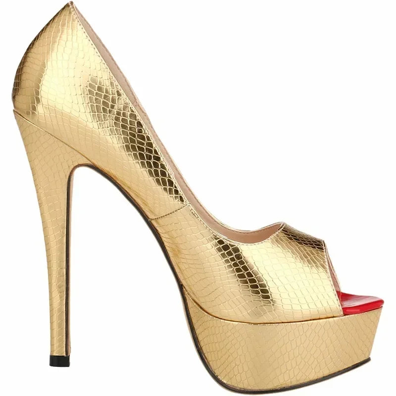 Women Sandals Sexy Pumps Patent Leather Platform Crocodile Pattern 14cm High Heels Peep Toe Stilettos Party Dress Wedding Shoes