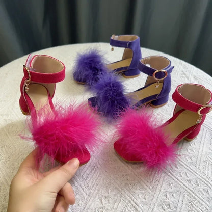 Toddler Girls Sandals Summer Low-heels Children's Sandals Open-toe Princess Fluffy New Versatile Kids Fashion Ankle-strap Shoes