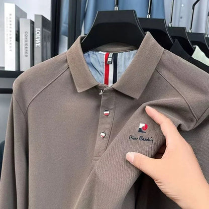 Original Design Men's Polo Shirt Lapel Long Sleeve T-Shirt Autumn New Solid Exquisite Letter Embroider Business Smart Menswear