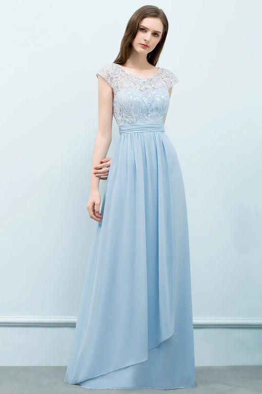 Light Blue Chiffon Long Bridesmaid Dresses Women 2024 Elegant Cap Sleeve Lace Formal Party Gowns Evening Prom