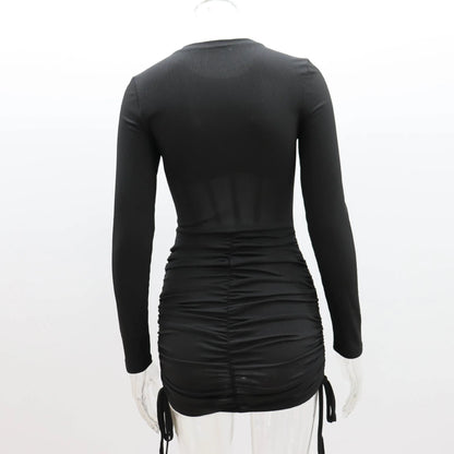 Hollow Out Bodycon Dress Women O Neck Long Sleeve Mini Vestidos Ribbed Hot Sexy Dresses Fashion High Street Wear