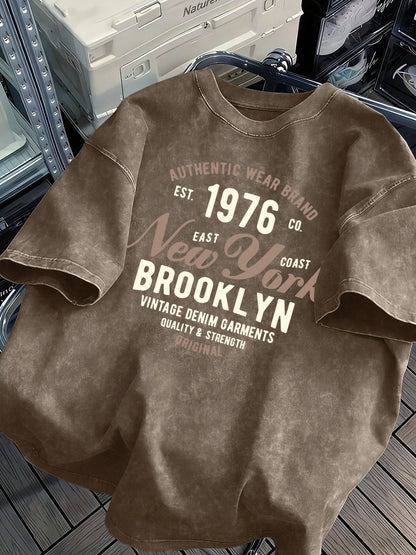 New York Brooklyn Est 1976 Washed Mens T-Shirt Cotton All-Match O-Neck T Shirts Retro Unisex Fashion Tee Loose Soft Short Sleeve
