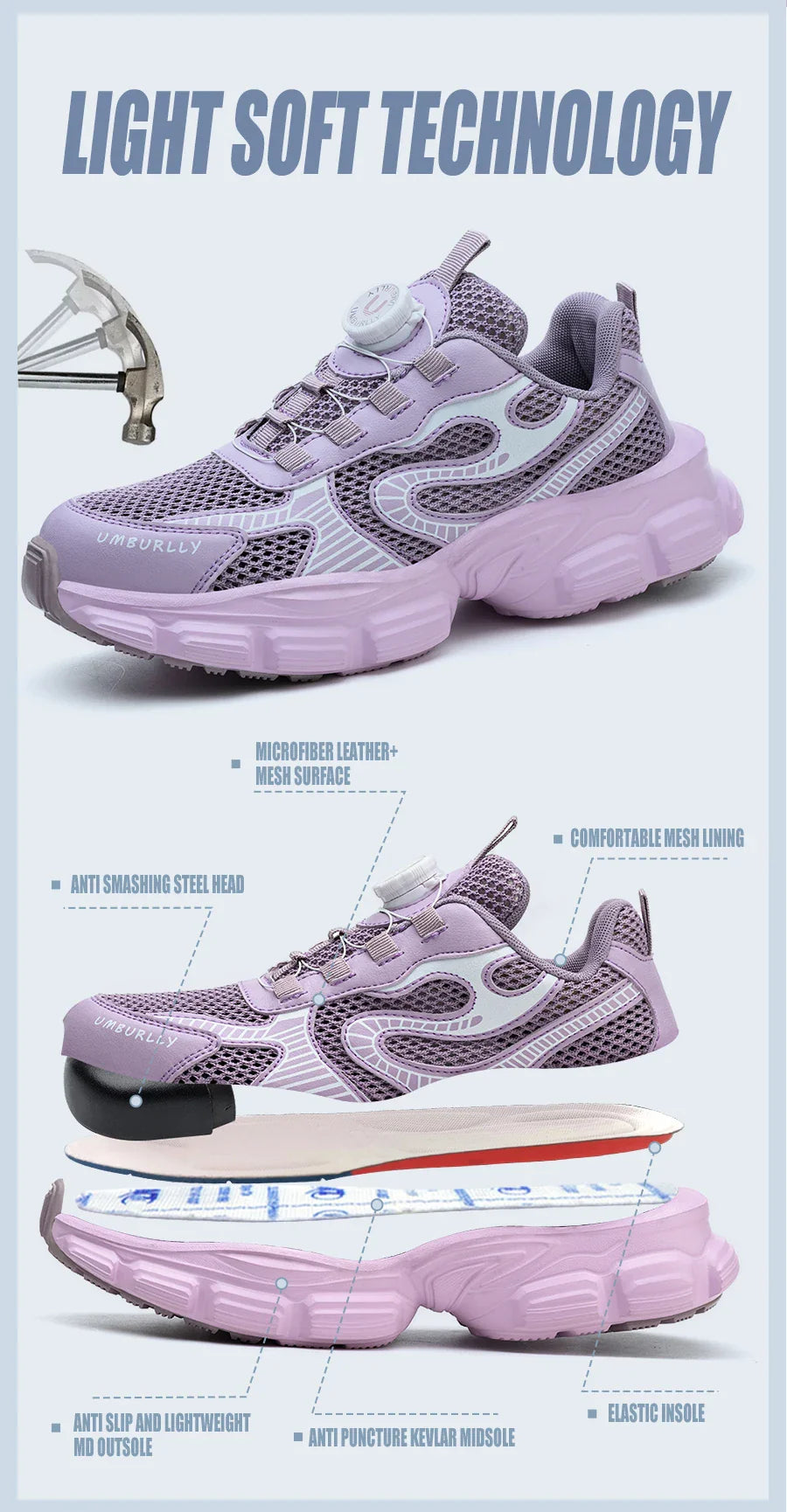 Summer button women's steel head safety shoes Smashing breathable upper Workshop factory women's work shoes