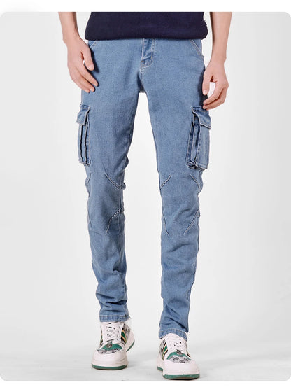 Men's Street Style Elastic Waist Denim Cargo Pants Solid Color Washed Slim Fit Casual Jeans with Multiple Pockets for Daily Wear