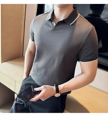 Business Casual Solid Color Men's Polo Shirt, 2024 Summer Classic, Men Short Sleeve V-neck T-shirt, Slim Fit Spliced Polo 4XL-M