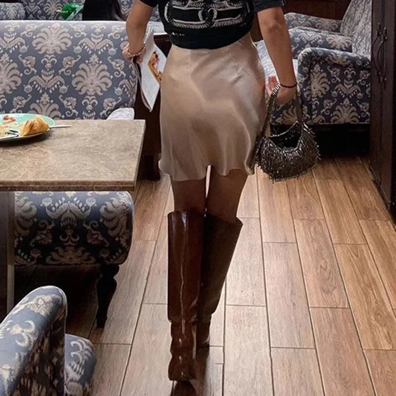 2026 Summer Lady High Waist Thin Acetate Satin Skirts Lady Solid Color A-line Dresses Girls Chic Korean Fashion Skirts