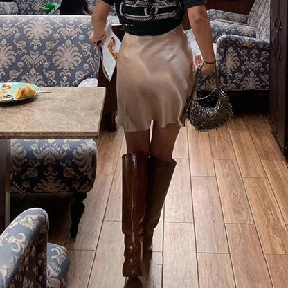2026 Summer Lady High Waist Thin Acetate Satin Skirts Lady Solid Color A-line Dresses Girls Chic Korean Fashion Skirts