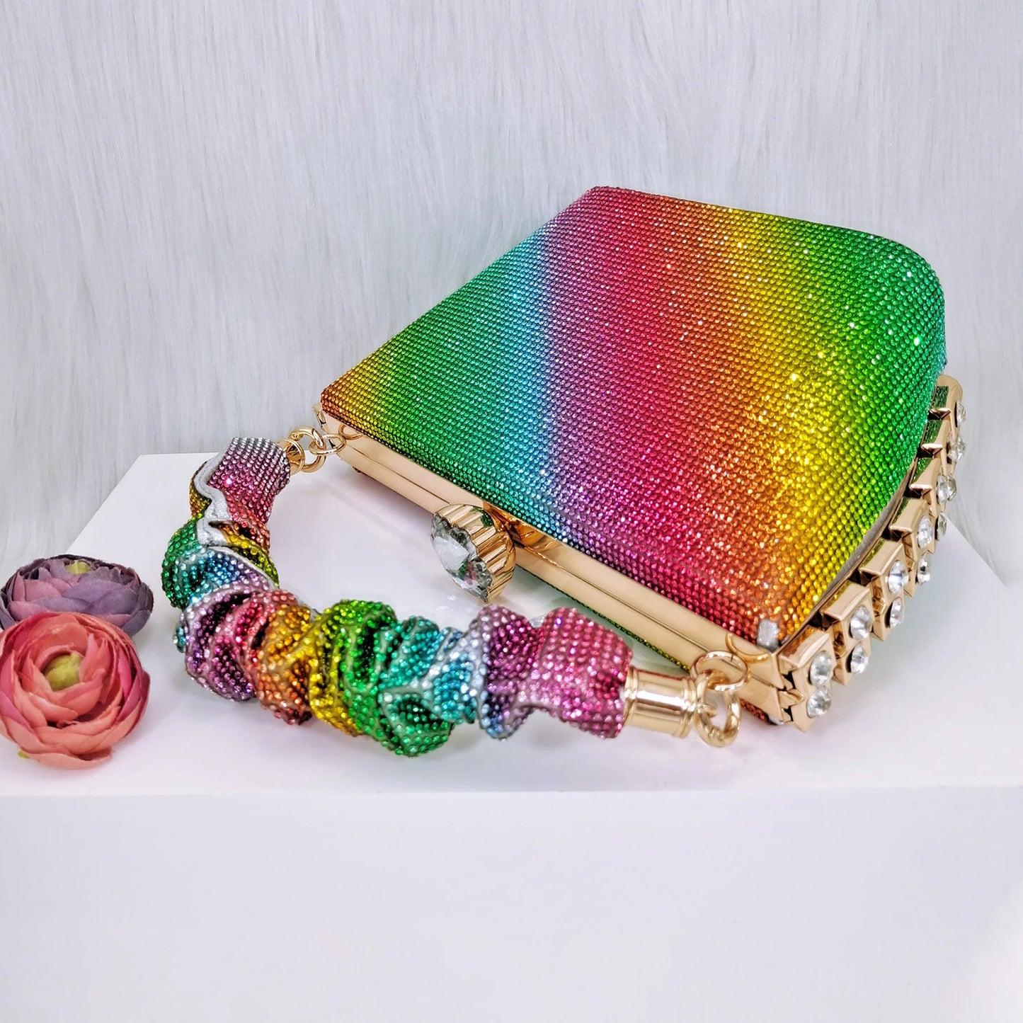 Italian Design Rainbow Colored Rhinestone Striped High Heels, Nigerian Paired With Open Sandals, Shoes Bag Set For Women