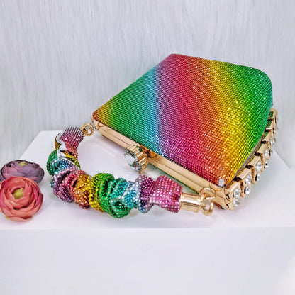 Italian Design Rainbow Colored Rhinestone Striped High Heels, Nigerian Paired With Open Sandals, Shoes Bag Set For Women